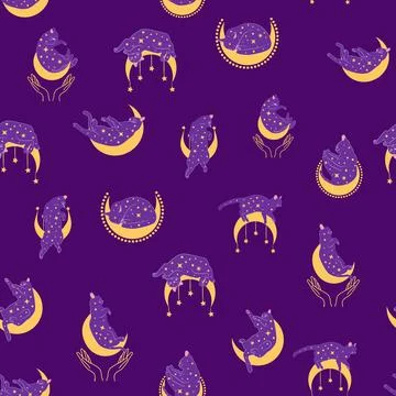 Mystical seamless pattern of cats in boho style, silhouette collection. Wit.. 스톡 일러스트
