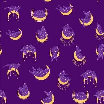 Mystical seamless pattern of cats in boho style, silhouette collection. Wit.. 스톡 일러스트