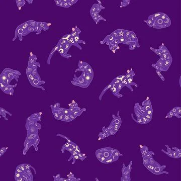 Mystical seamless pattern of cats in boho style, silhouette collection. Wit.. Stock Illustration