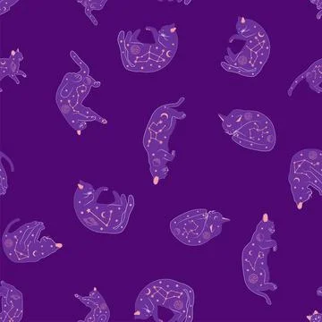 Mystical seamless pattern of cats in boho style, silhouette collection. Wit.. 스톡 일러스트