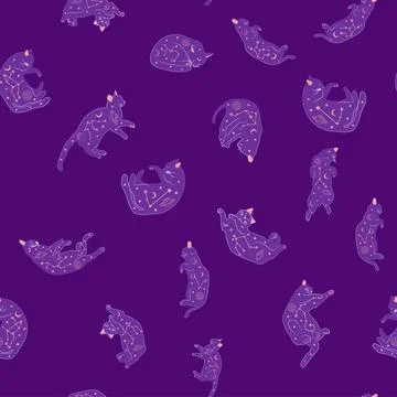 Mystical seamless pattern of cats in boho style, silhouette collection. Witch 스톡 일러스트
