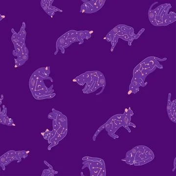 Mystical seamless pattern of cats in boho style, silhouette collection. Witch 스톡 일러스트