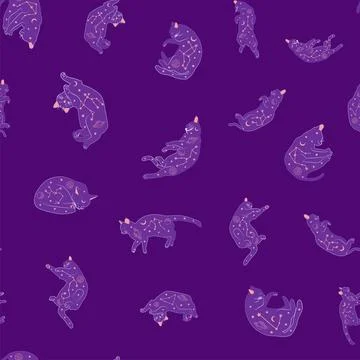 Mystical seamless pattern of cats in boho style, silhouette collection. Witch 스톡 일러스트