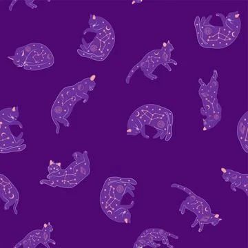 Mystical seamless pattern of cats in boho style, silhouette collection. Witch イラスト素材