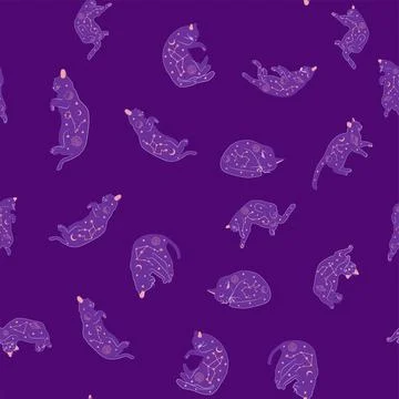 Mystical seamless pattern of cats in boho style, silhouette collection. Witch 스톡 일러스트