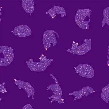 Mystical seamless pattern of cats in boho style, silhouette collection. Witch 스톡 일러스트