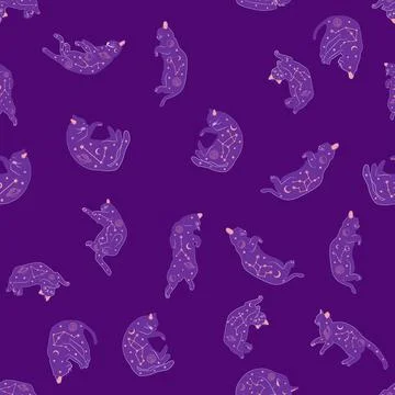 Mystical seamless pattern of cats in boho style, silhouette collection. Witch 스톡 일러스트