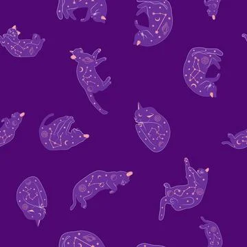 Mystical seamless pattern of cats in boho style, silhouette collection. Wit.. 스톡 일러스트