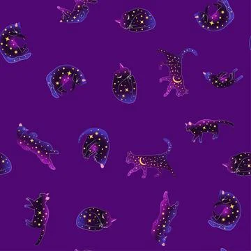 Mystical seamless pattern of cats in boho style, silhouette collection. Witch Illustrazione stock