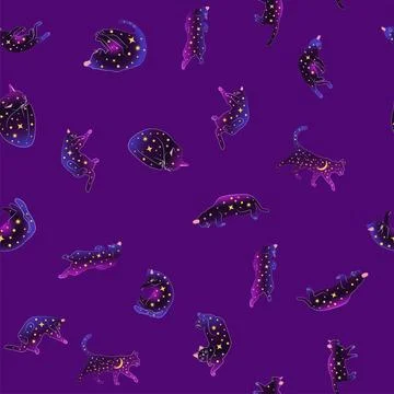 Mystical seamless pattern of cats in boho style, silhouette collection. Witch Stock Illustration