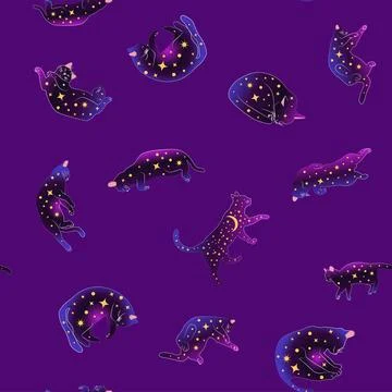 Mystical seamless pattern of cats in boho style, silhouette collection. Witch 스톡 일러스트