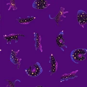 Mystical seamless pattern of cats in boho style, silhouette collection. Wit.. 스톡 일러스트