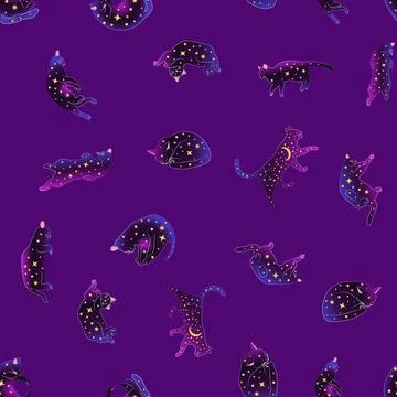 Mystical seamless pattern of cats in boho style, silhouette collection. Wit.. Stockillustratie