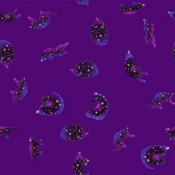 Mystical seamless pattern of cats in boho style, silhouette collection. Witch Stock Illustration