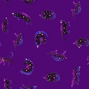 Mystical seamless pattern of cats in boho style, silhouette collection. Witch Stock Illustration