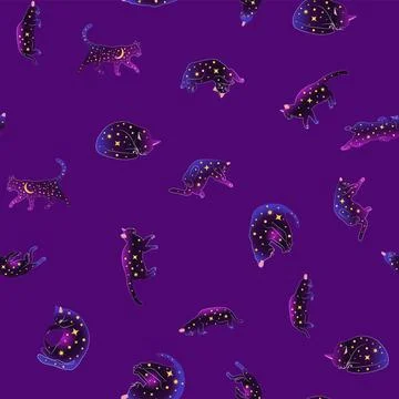 Mystical seamless pattern of cats in boho style, silhouette collection. Witch 스톡 일러스트