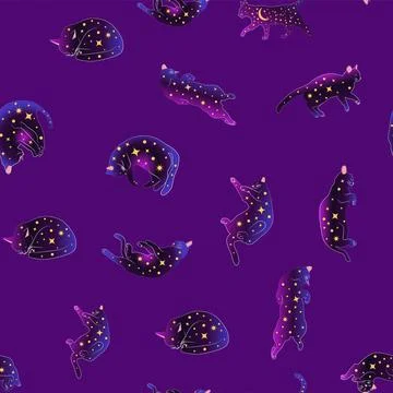 Mystical seamless pattern of cats in boho style, silhouette collection. Witch 스톡 일러스트