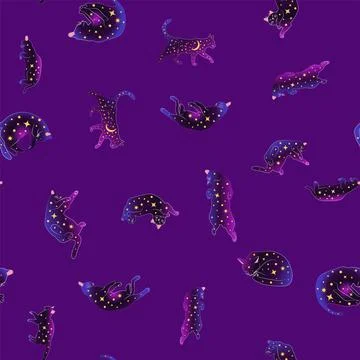 Mystical seamless pattern of cats in boho style, silhouette collection. Witch 스톡 일러스트