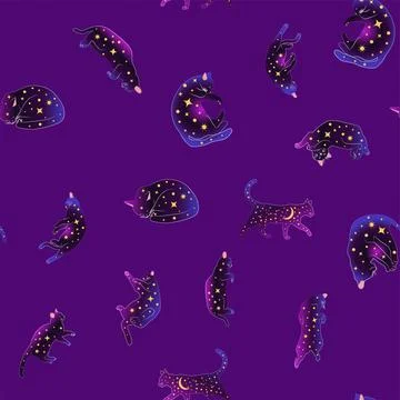 Mystical seamless pattern of cats in boho style, silhouette collection. Witch 스톡 일러스트