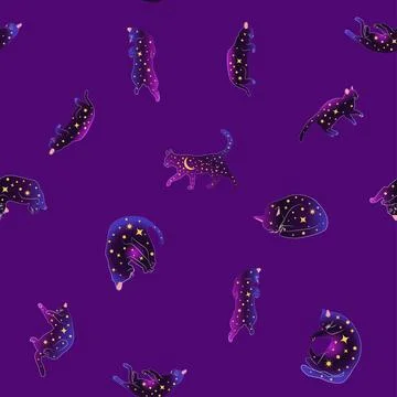 Mystical seamless pattern of cats in boho style, silhouette collection. Witch 스톡 일러스트
