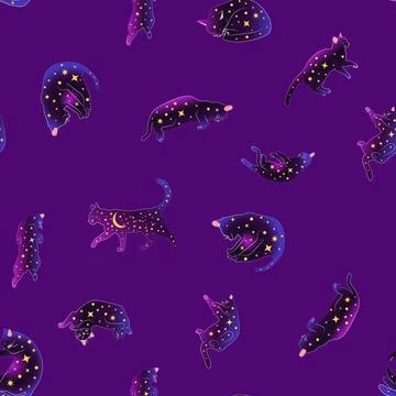 Mystical seamless pattern of cats in boho style, silhouette collection. Witch 스톡 일러스트