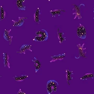 Mystical seamless pattern of cats in boho style, silhouette collection. Witch 스톡 일러스트