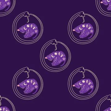 Mystical seamless pattern of cats in boho style, silhouette collection. Wit.. Illustrazione stock