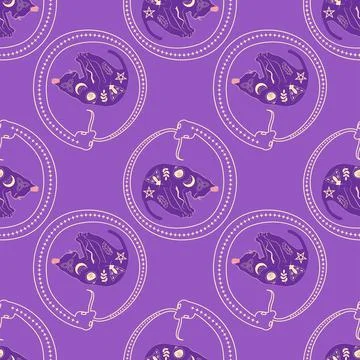 Mystical seamless pattern of cats in boho style, silhouette collection. Wit.. Stock Illustration