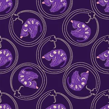 Mystical seamless pattern of cats in boho style, silhouette collection. Wit.. Stock Illustration