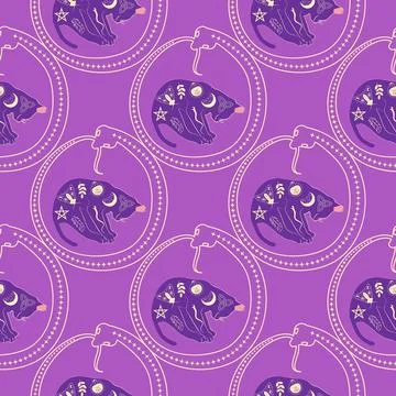 Mystical seamless pattern of cats in boho style, silhouette collection. Wit.. Illustrazione stock