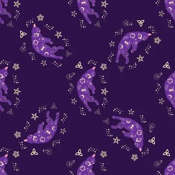 Mystical seamless pattern of cats in boho style, silhouette collection. Wit.. Illustrazione stock