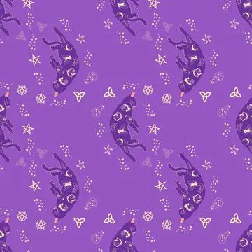 Mystical seamless pattern of cats in boho style, silhouette collection. Wit.. 스톡 일러스트