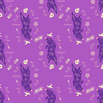 Mystical seamless pattern of cats in boho style, silhouette collection. Wit.. Illustrazione stock
