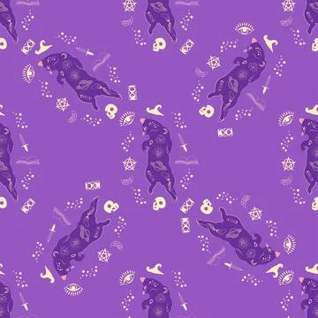 Mystical seamless pattern of cats in boho style, silhouette collection. Wit.. Illustrazione stock