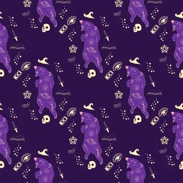 Mystical seamless pattern of cats in boho style, silhouette collection. Wit.. Illustrazione stock
