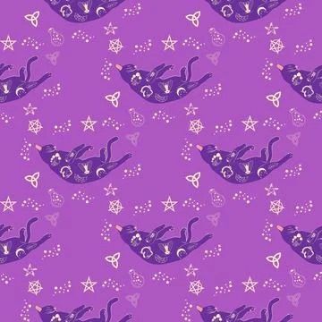 Mystical seamless pattern of cats in boho style, silhouette collection. Wit.. Stock Illustration