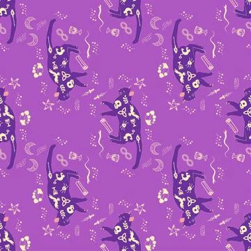 Mystical seamless pattern of cats in boho style, silhouette collection. Wit.. 스톡 일러스트