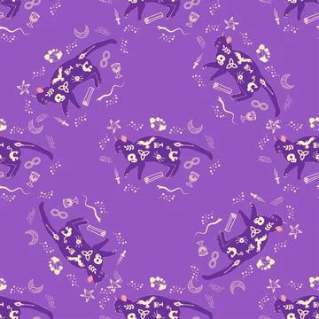 Mystical seamless pattern of cats in boho style, silhouette collection. Wit.. Illustrazione stock