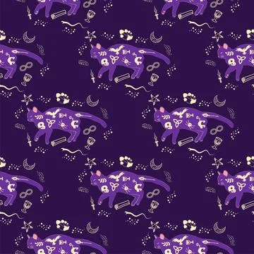 Mystical seamless pattern of cats in boho style, silhouette collection. Wit.. Illustrazione stock