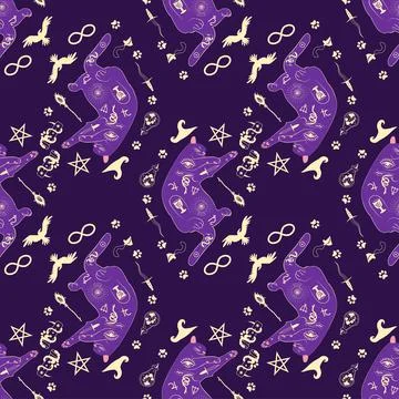 Mystical seamless pattern of cats in boho style, silhouette collection. Wit.. Illustrazione stock