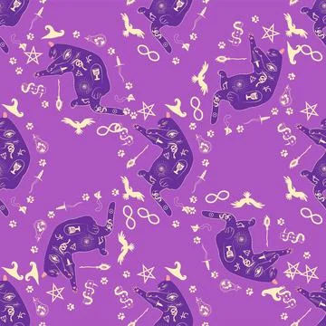 Mystical seamless pattern of cats in boho style, silhouette collection. Wit.. Illustrazione stock