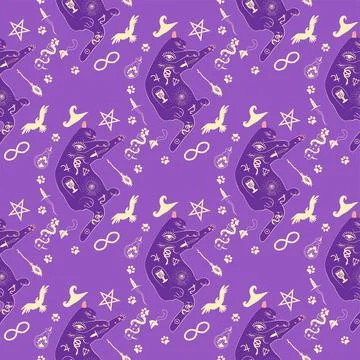 Mystical seamless pattern of cats in boho style, silhouette collection. Wit.. Illustrazione stock