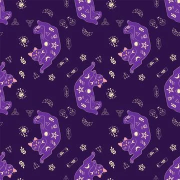 Mystical seamless pattern of cats in boho style, silhouette collection. Wit.. Illustrazione stock