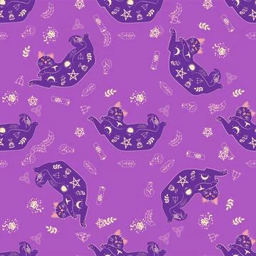 Mystical seamless pattern of cats in boho style, silhouette collection. Wit.. 스톡 일러스트