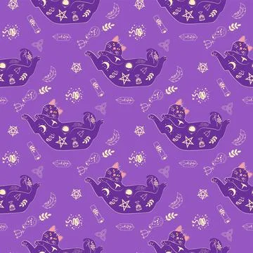 Mystical seamless pattern of cats in boho style, silhouette collection. Wit.. 스톡 일러스트