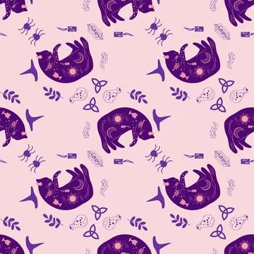 Mystical seamless pattern of cats in boho style, silhouette collection. Wit.. 스톡 일러스트