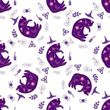 Mystical seamless pattern of cats in boho style, silhouette collection. Wit.. Illustrazione stock