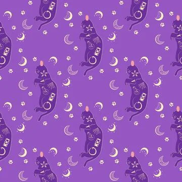 Mystical seamless pattern of cats in boho style, silhouette collection. Wit.. Illustrazione stock