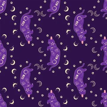 Mystical seamless pattern of cats in boho style, silhouette collection. Wit.. Illustrazione stock
