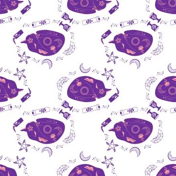 Mystical seamless pattern of cats in boho style, silhouette collection. Wit.. Illustrazione stock